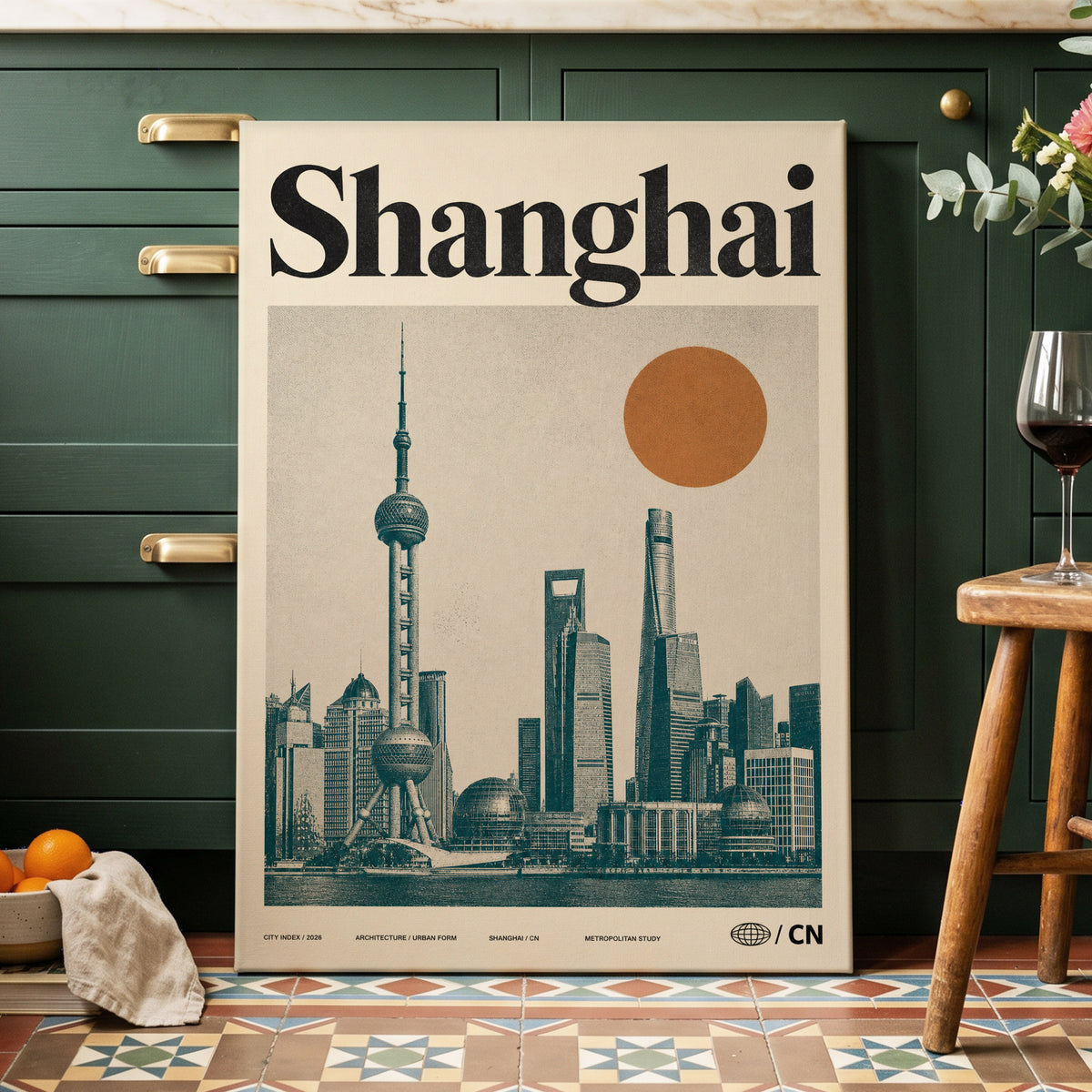 Shanghai Sun Study, beige, black, orange minimalist wall art on canvas displayed in a styled interior, gallery view 2