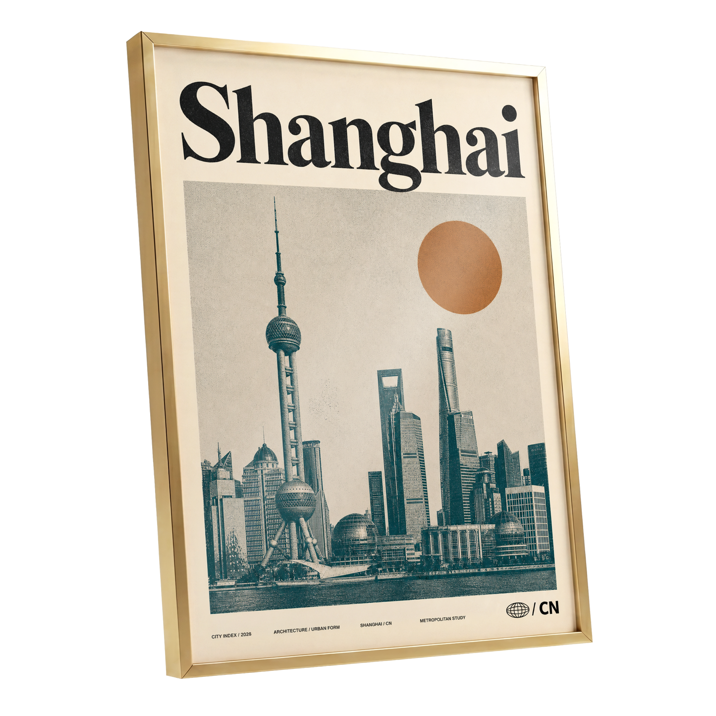 Shanghai Sun Study, beige, black, orange minimalist wall art shown as a gold framed poster wall art print