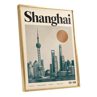 Shanghai Sun Study, beige, black, orange minimalist wall art shown as a gold framed poster wall art print