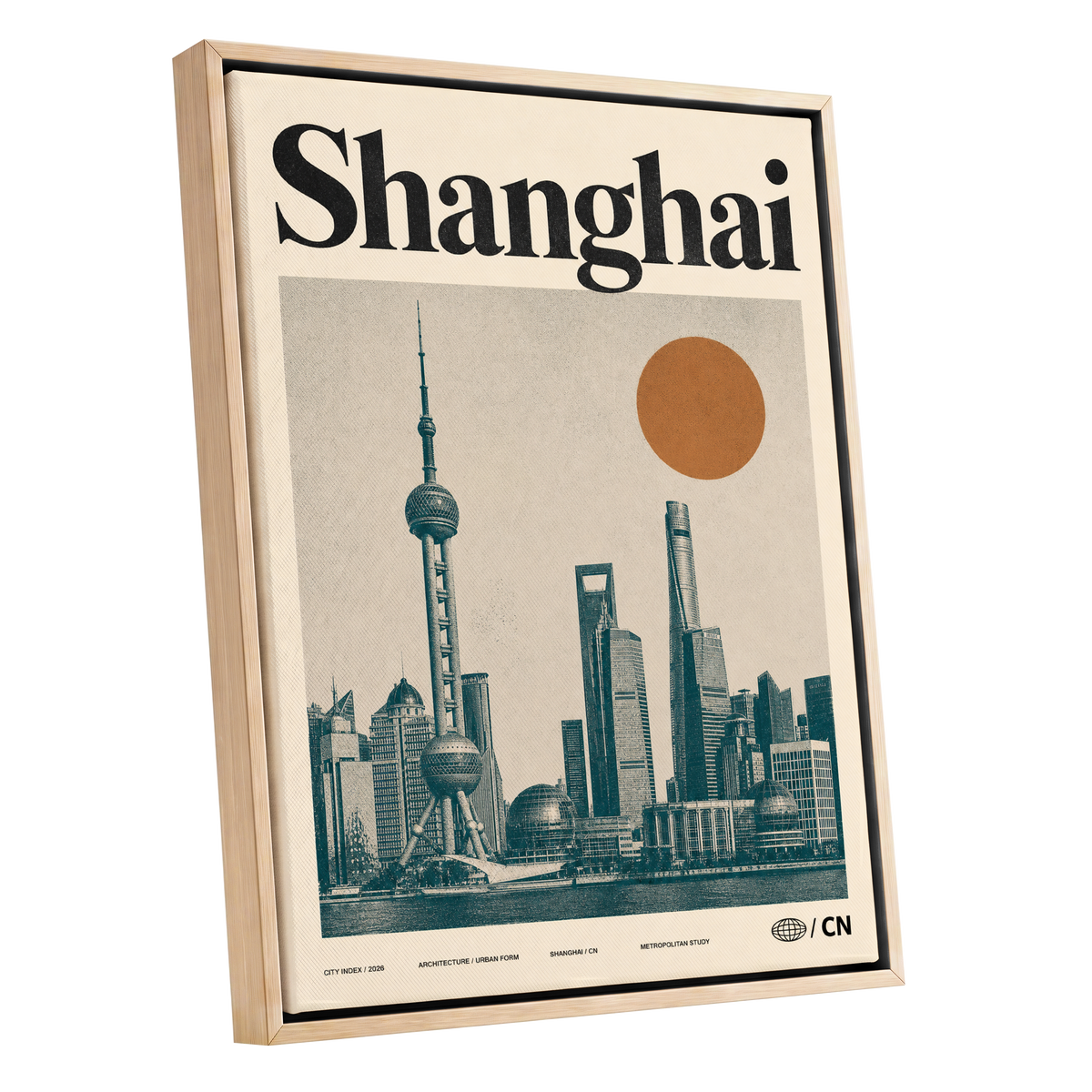 Shanghai Sun Study, beige, black, orange minimalist wall art shown as a oak framed canvas wall art