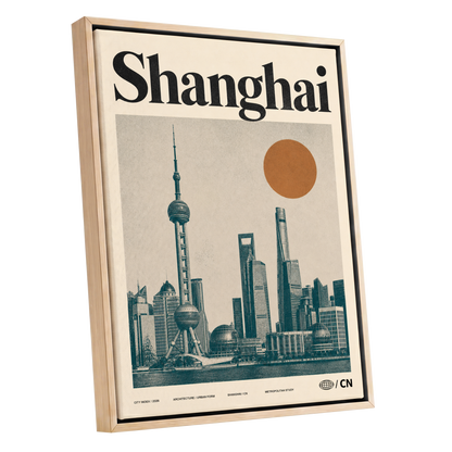 Shanghai Sun Study, beige, black, orange minimalist wall art shown as a oak framed canvas wall art