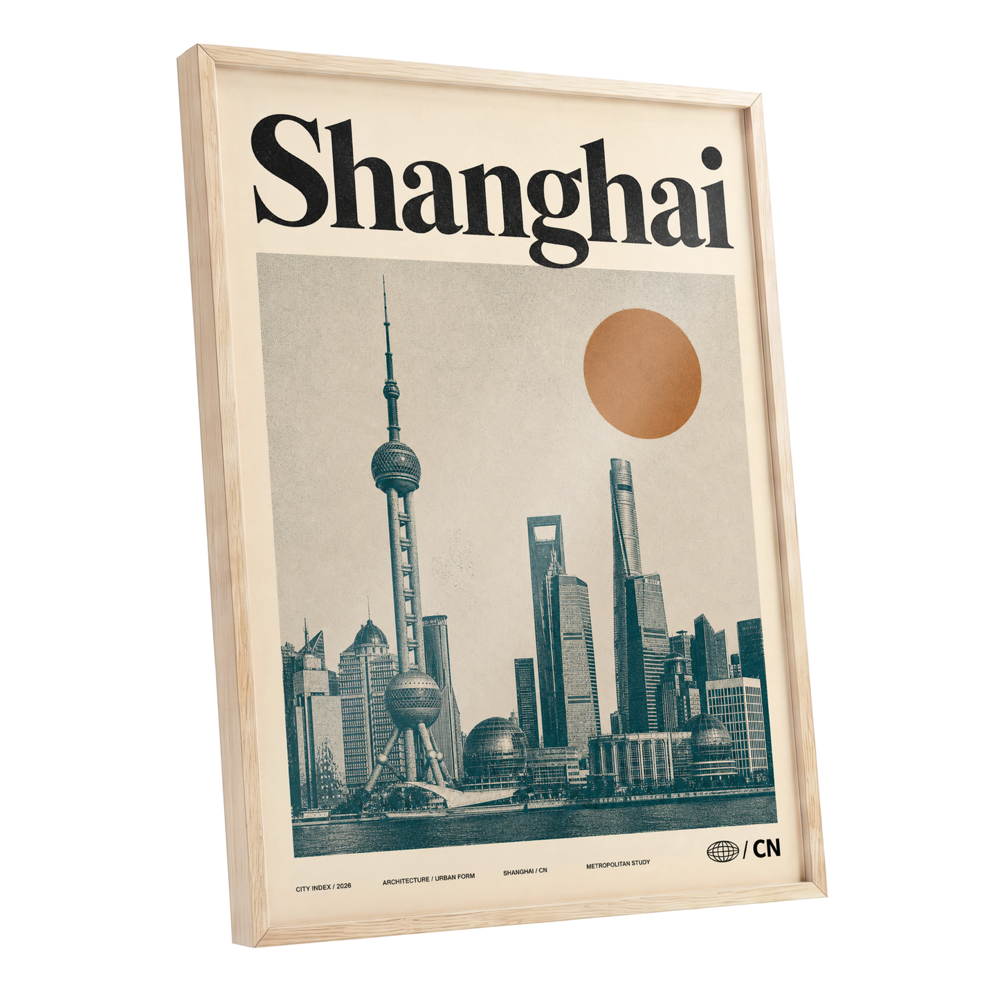 Shanghai Sun Study, beige, black, orange minimalist wall art shown as a oak framed poster wall art print