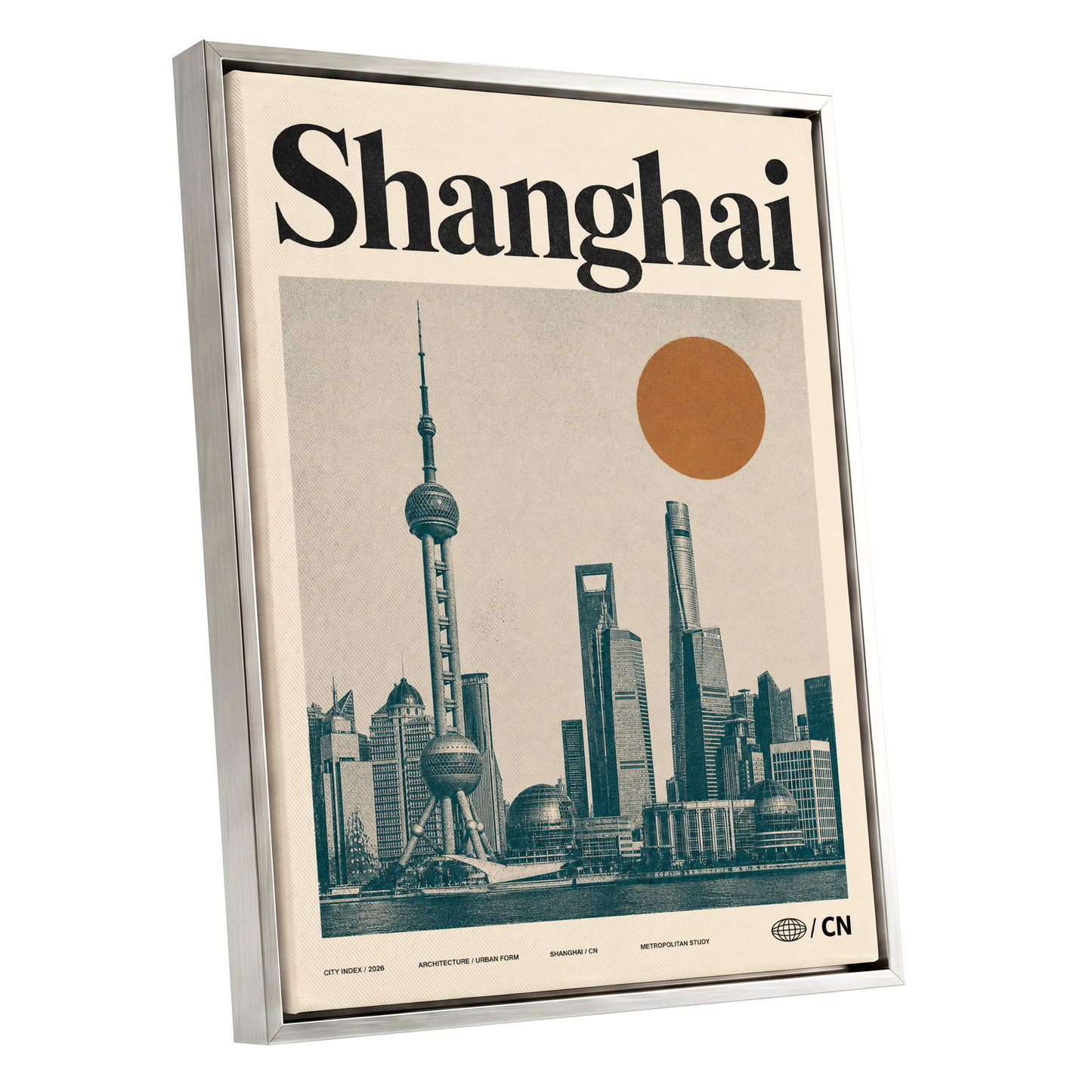Shanghai Sun Study, beige, black, orange minimalist wall art shown as a silver framed canvas wall art