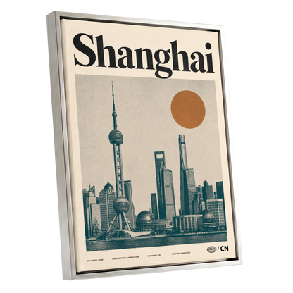 Shanghai Sun Study, beige, black, orange minimalist wall art shown as a silver framed canvas wall art