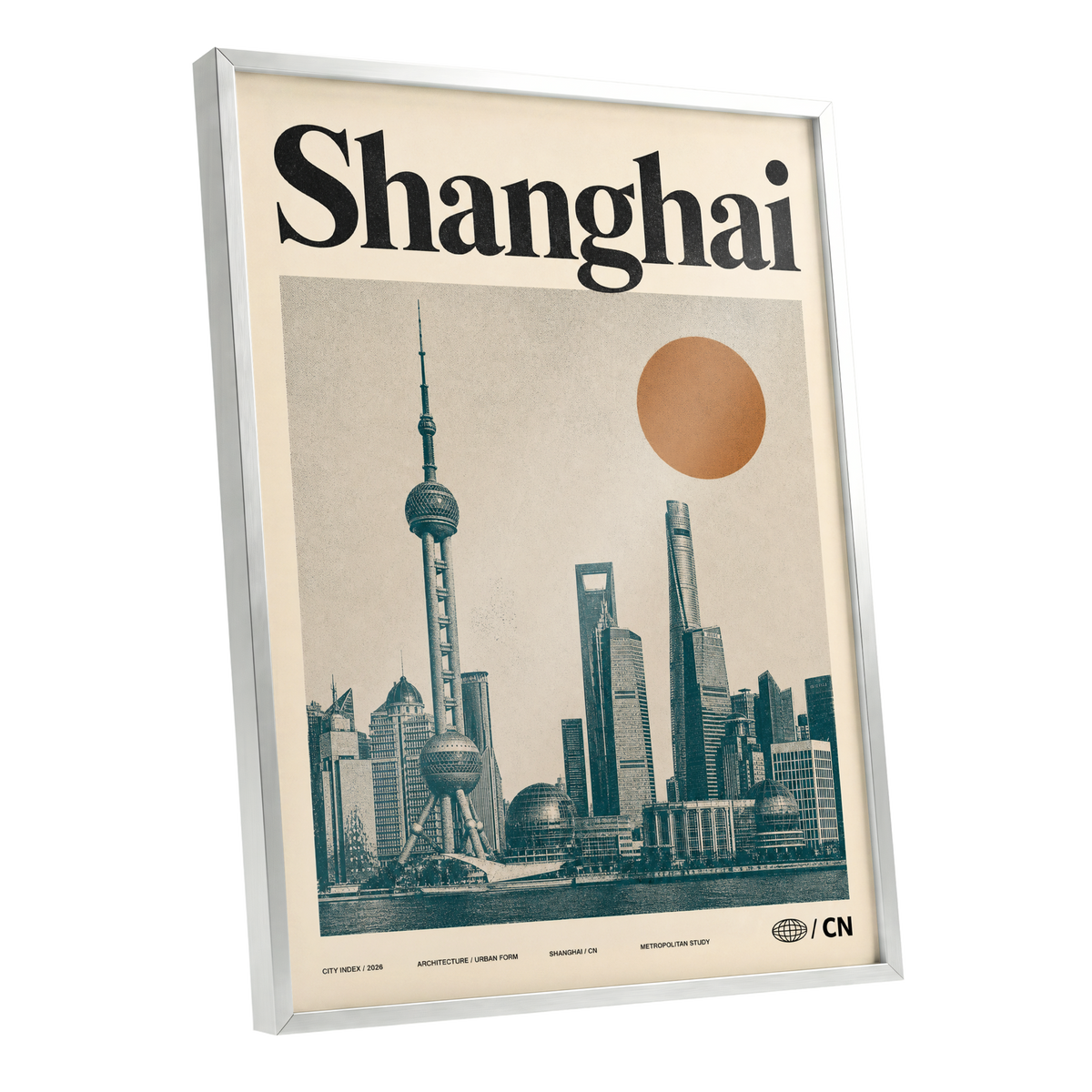 Shanghai Sun Study, beige, black, orange minimalist wall art shown as a silver framed poster wall art print
