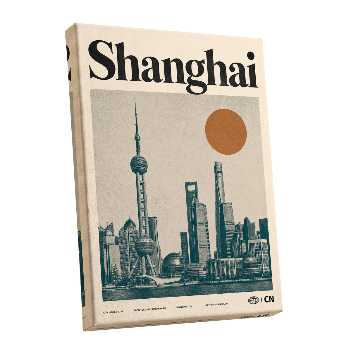 Shanghai Sun Study, beige, black, orange minimalist wall art shown as a stretched canvas wall art