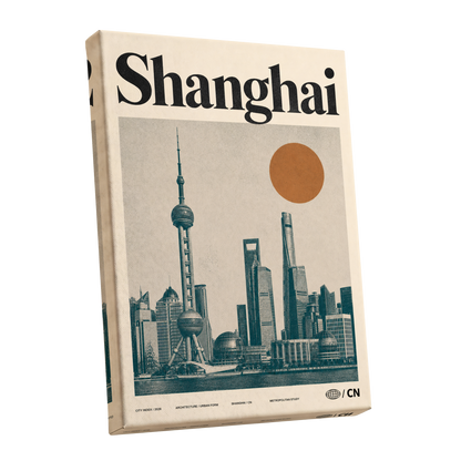 Shanghai Sun Study, beige, black, orange minimalist wall art shown as a stretched canvas wall art