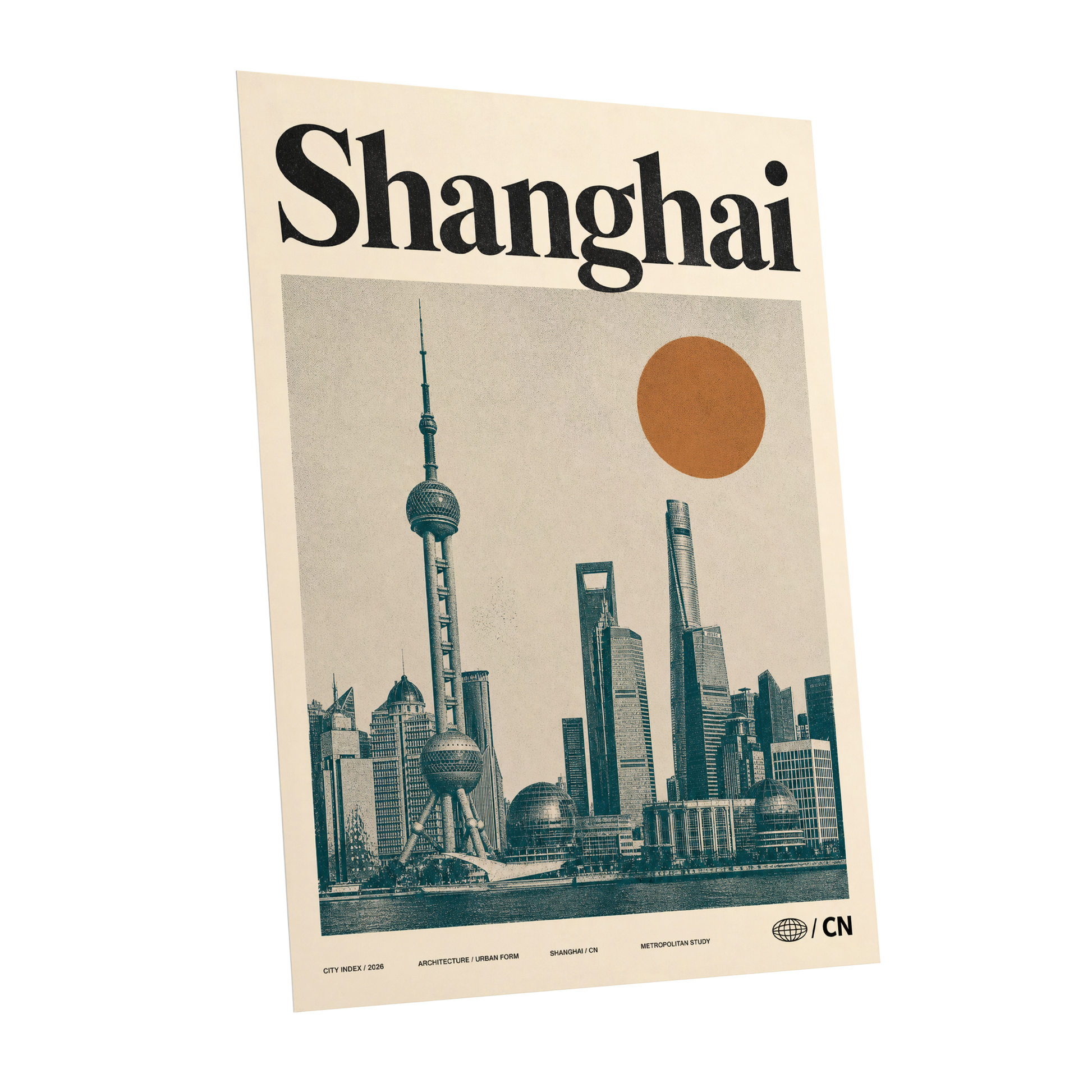 Shanghai Sun Study, beige, black, orange minimalist wall art shown as a unframed poster wall art print