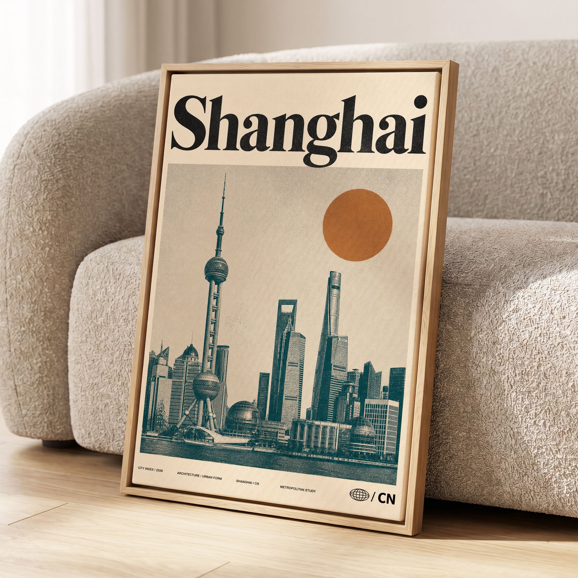 Shanghai Sun Study, beige, black, orange minimalist wall art displayed in a styled interior, gallery view 1