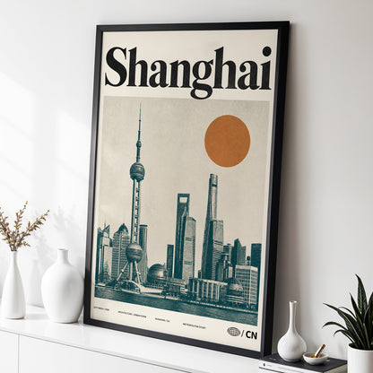 Shanghai Sun Study, beige, black, orange minimalist wall art displayed in a styled interior, gallery view 2