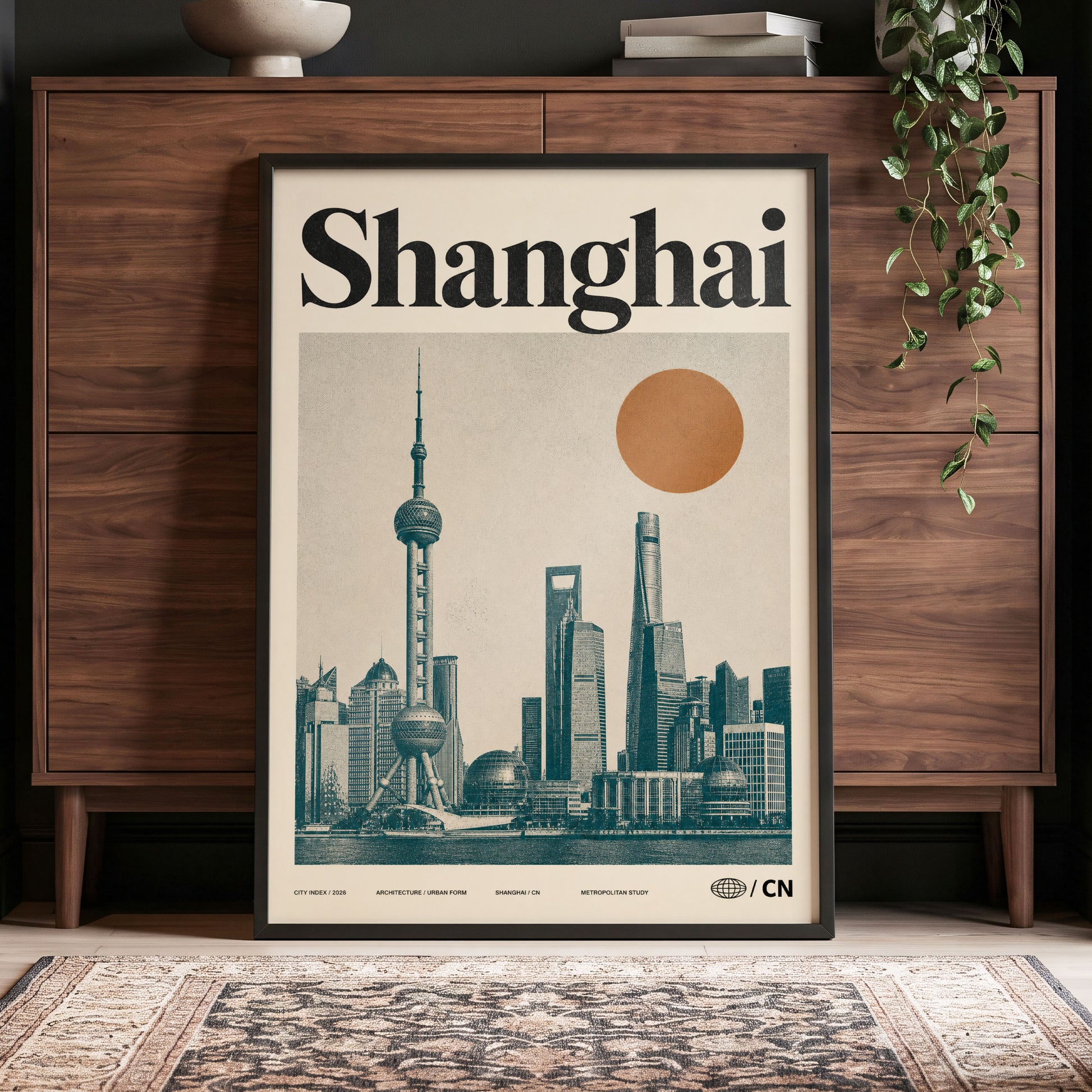Shanghai Sun Study, beige, black, orange minimalist wall art displayed in a styled interior, gallery view 4