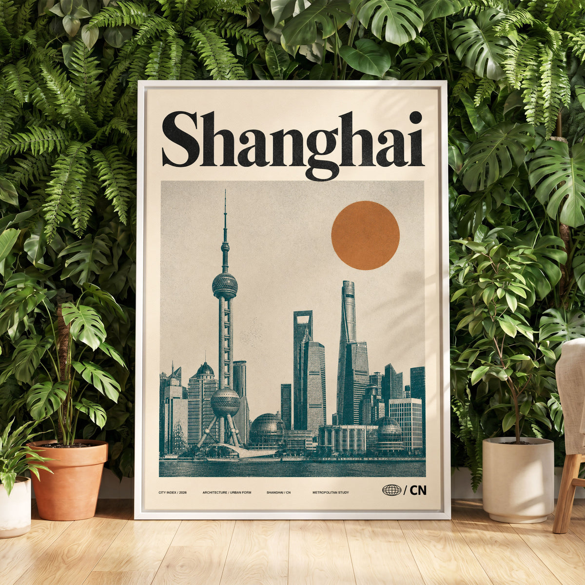 Shanghai Sun Study, beige, black, orange minimalist wall art displayed in a styled interior, gallery view 5