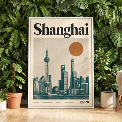 Shanghai Sun Study, beige, black, orange minimalist wall art displayed in a styled interior, gallery view 5