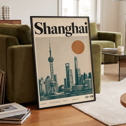 Shanghai Sun Study, beige, black, orange minimalist wall art displayed in a styled interior, gallery view 6