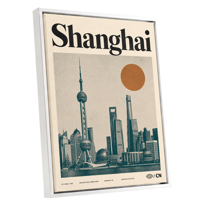 Shanghai Sun Study, beige, black, orange minimalist wall art shown as a white framed canvas wall art