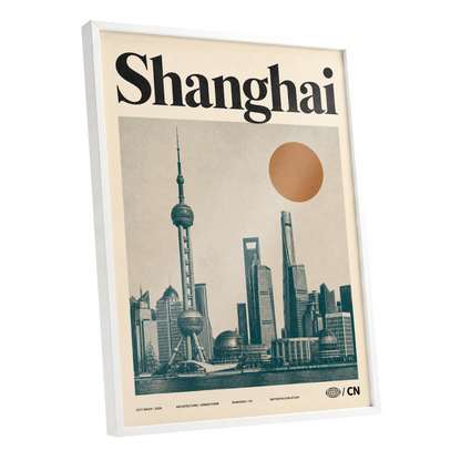 Shanghai Sun Study, beige, black, orange minimalist wall art shown as a white framed poster wall art print