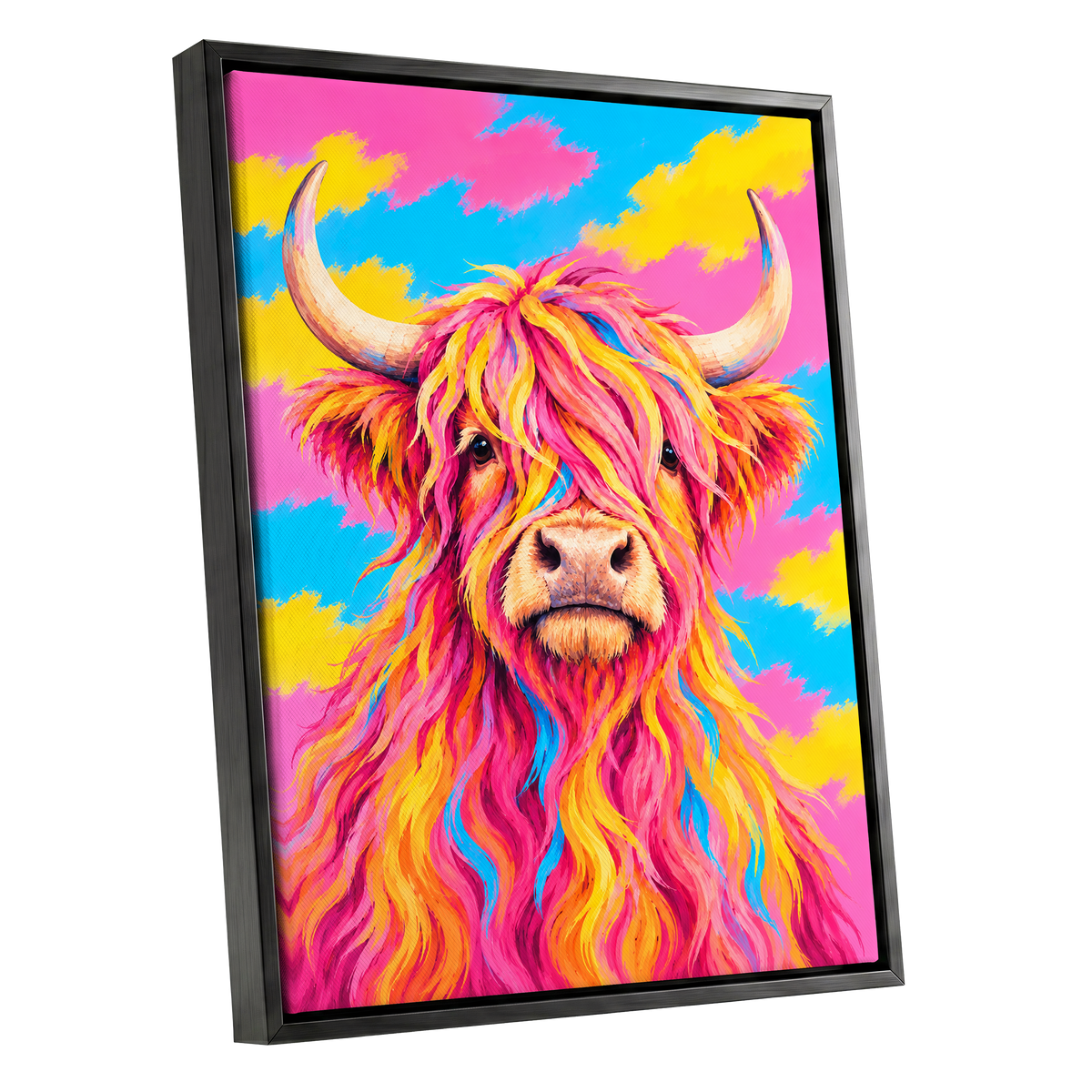 Sherbet Horns, pink, yellow, blue nature wall art shown as a black framed canvas wall art