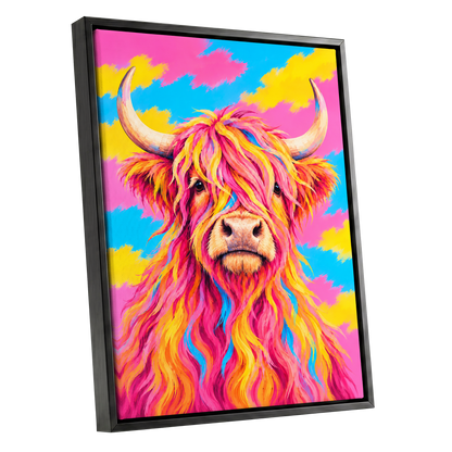 Sherbet Horns, pink, yellow, blue nature wall art shown as a black framed canvas wall art