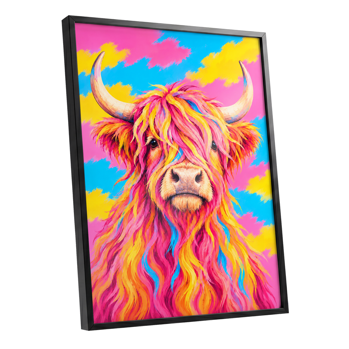 Sherbet Horns, pink, yellow, blue nature wall art shown as a black framed poster wall art print