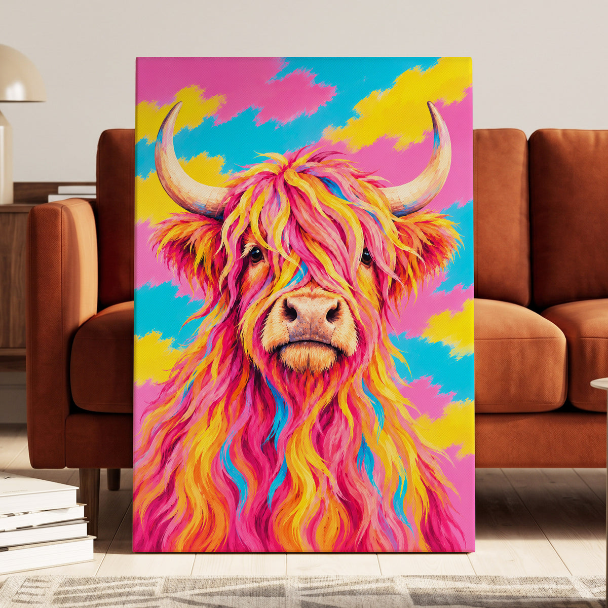 Sherbet Horns, pink, yellow, blue nature wall art on canvas displayed in a styled interior, gallery view 1