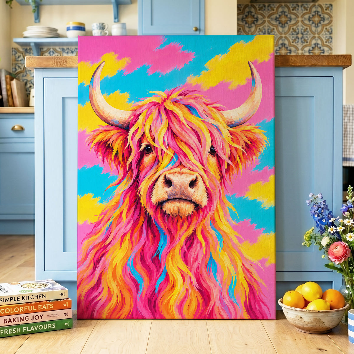 Sherbet Horns, pink, yellow, blue nature wall art on canvas displayed in a styled interior, gallery view 2