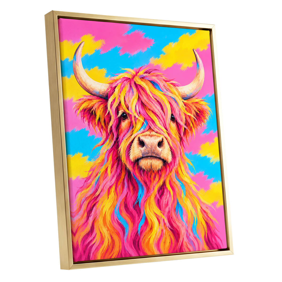 Sherbet Horns, pink, yellow, blue nature wall art shown as a gold framed canvas wall art