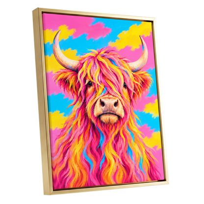 Sherbet Horns, pink, yellow, blue nature wall art shown as a gold framed canvas wall art