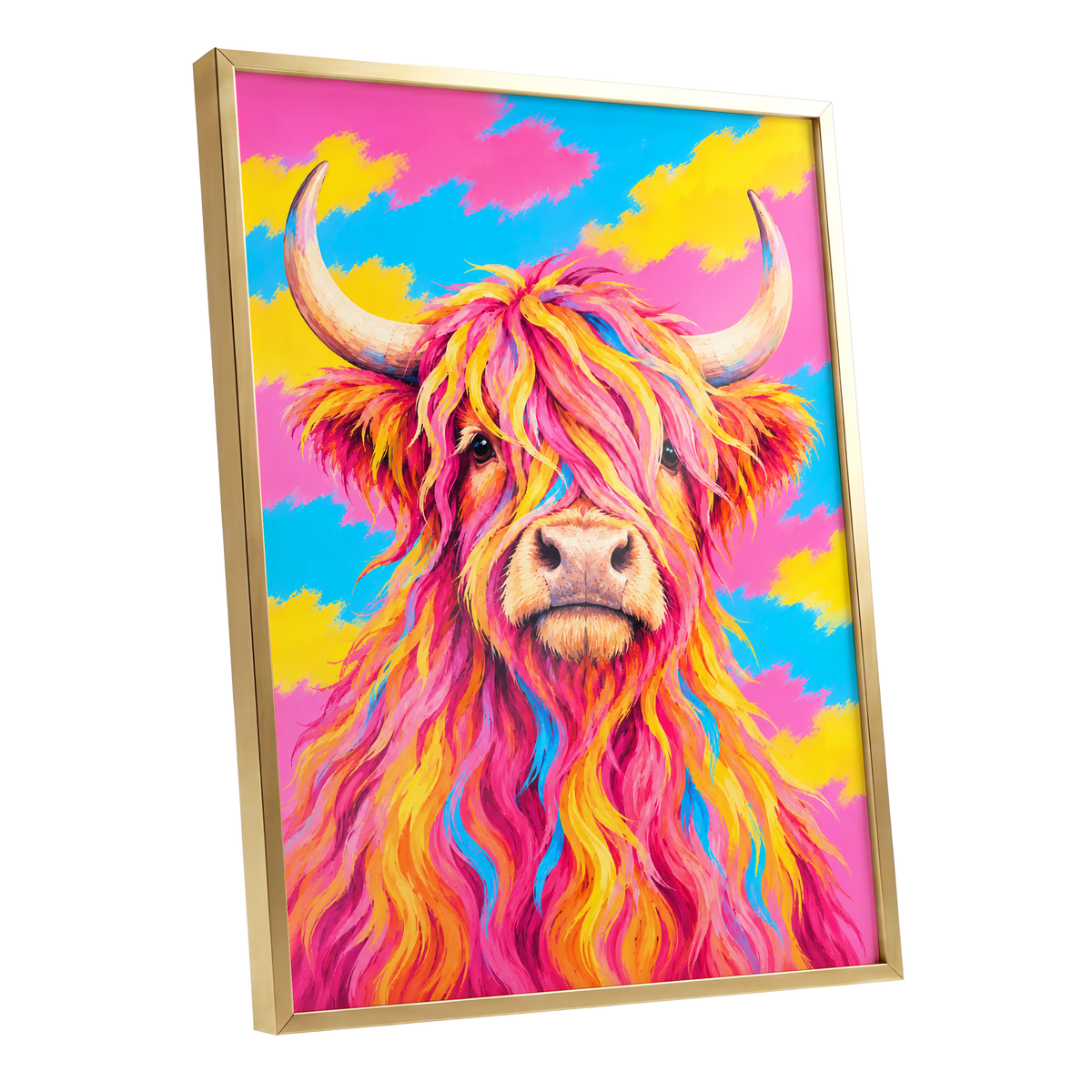 Sherbet Horns, pink, yellow, blue nature wall art shown as a gold framed poster wall art print