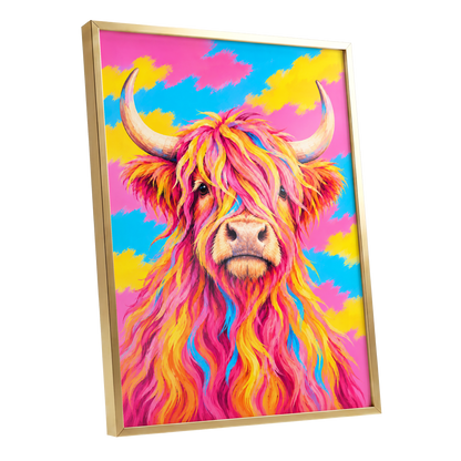 Sherbet Horns, pink, yellow, blue nature wall art shown as a gold framed poster wall art print
