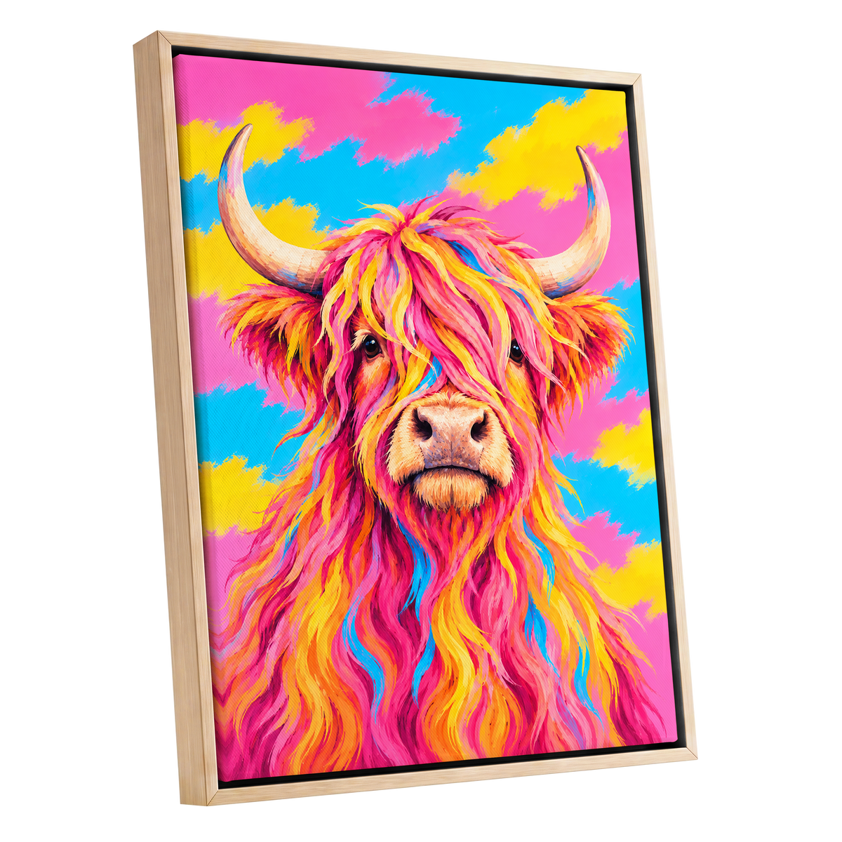 Sherbet Horns, pink, yellow, blue nature wall art shown as a oak framed canvas wall art