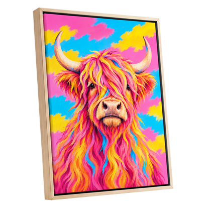Sherbet Horns, pink, yellow, blue nature wall art shown as a oak framed canvas wall art