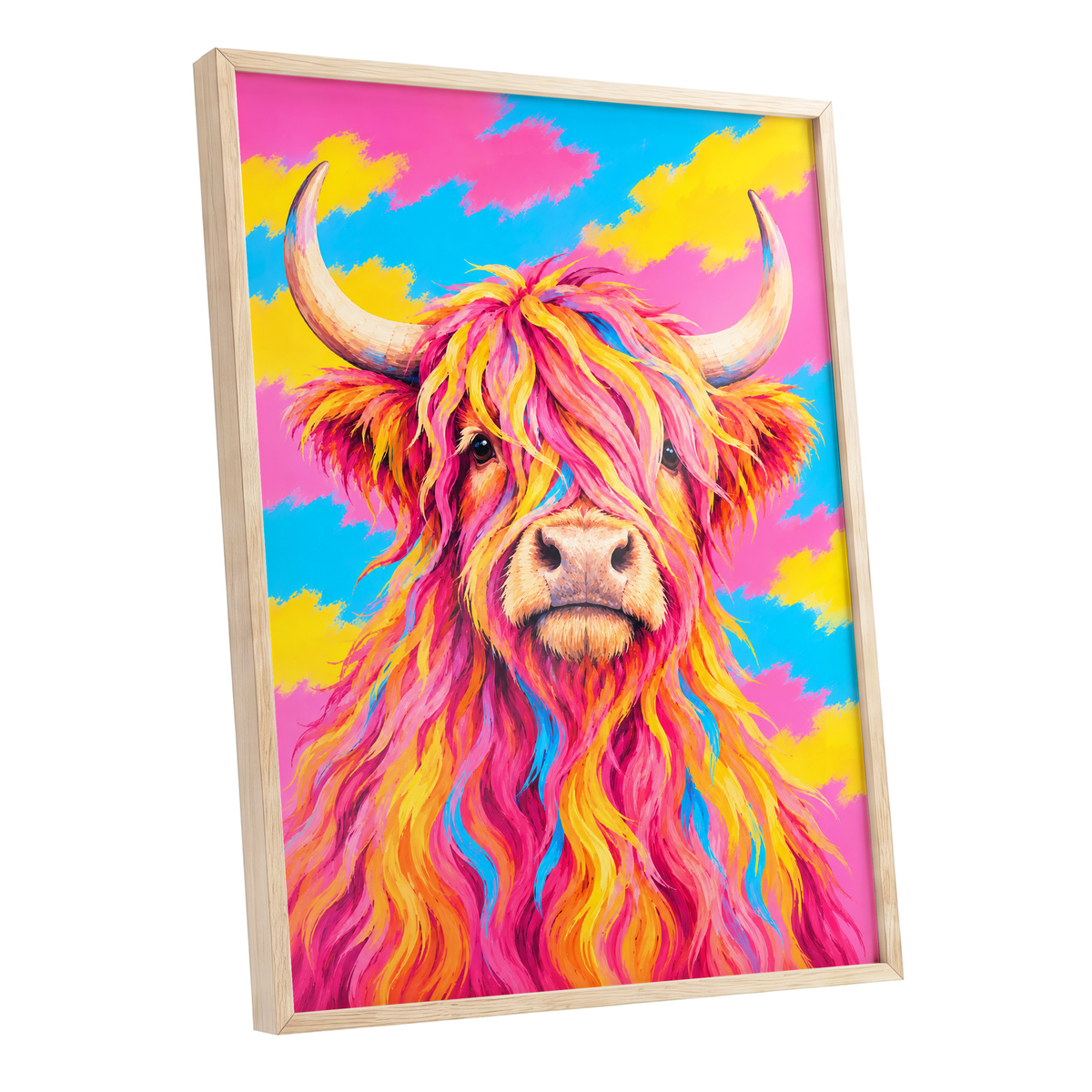 Sherbet Horns, pink, yellow, blue nature wall art shown as a oak framed poster wall art print
