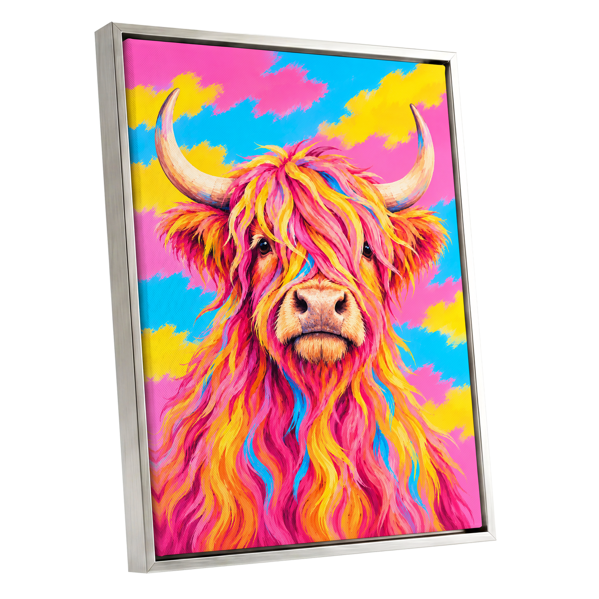 Sherbet Horns, pink, yellow, blue nature wall art shown as a silver framed canvas wall art