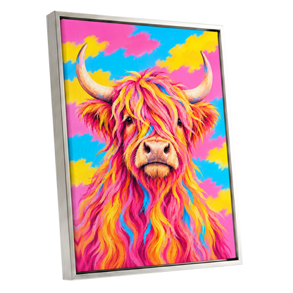 Sherbet Horns, pink, yellow, blue nature wall art shown as a silver framed canvas wall art