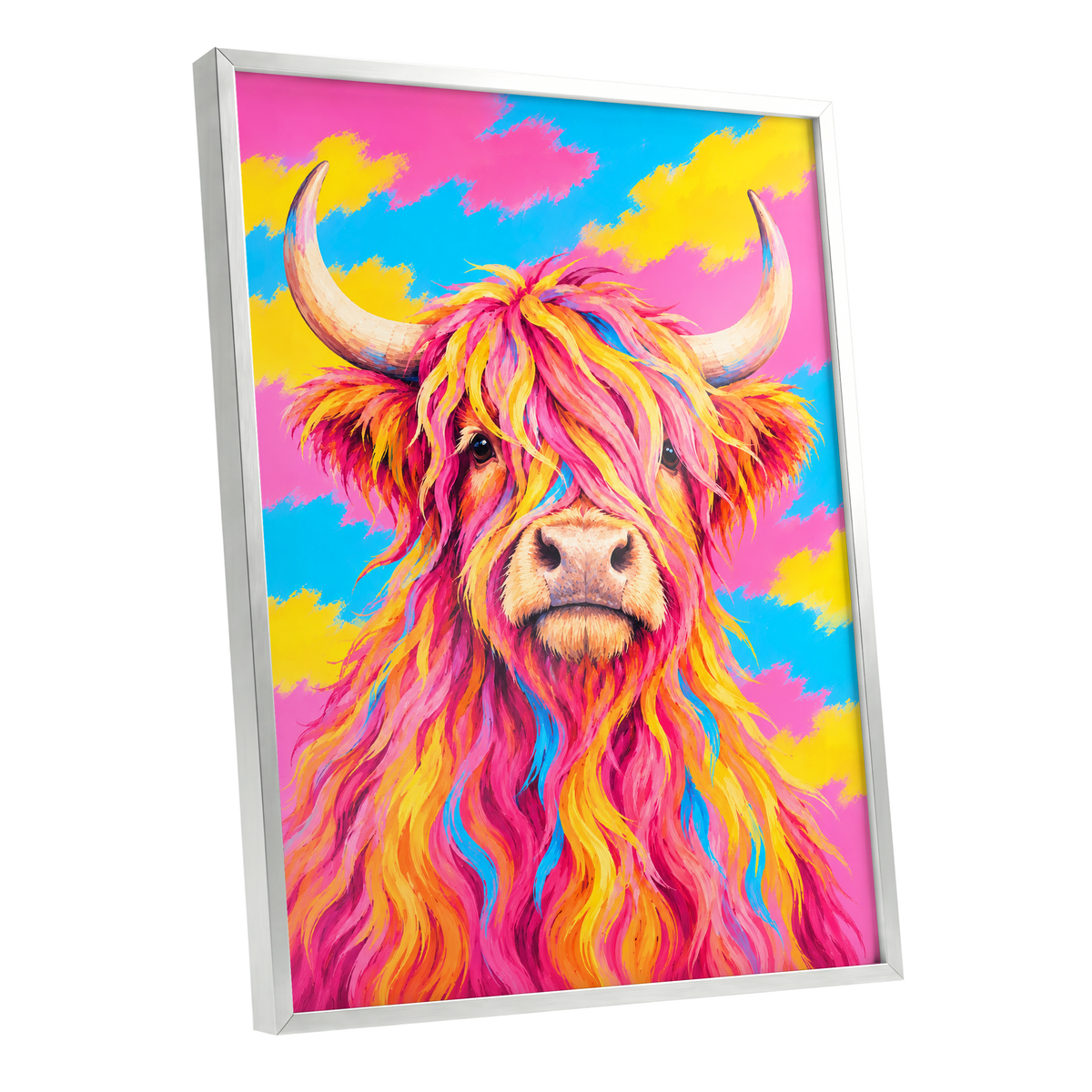 Sherbet Horns, pink, yellow, blue nature wall art shown as a silver framed poster wall art print