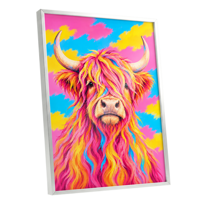 Sherbet Horns, pink, yellow, blue nature wall art shown as a silver framed poster wall art print