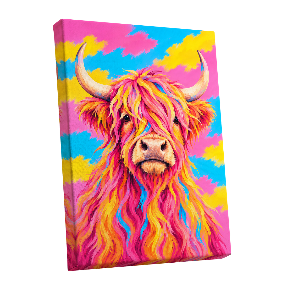 Sherbet Horns, pink, yellow, blue nature wall art shown as a stretched canvas wall art