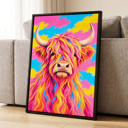 Sherbet Horns, pink, yellow, blue nature wall art displayed in a styled interior, gallery view 1