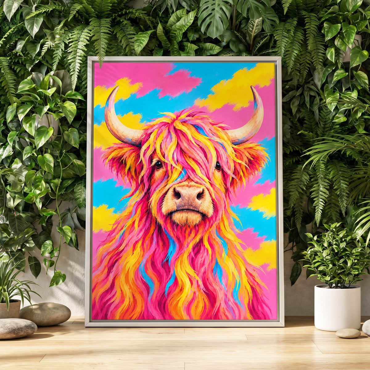 Sherbet Horns, pink, yellow, blue nature wall art displayed in a styled interior, gallery view 2