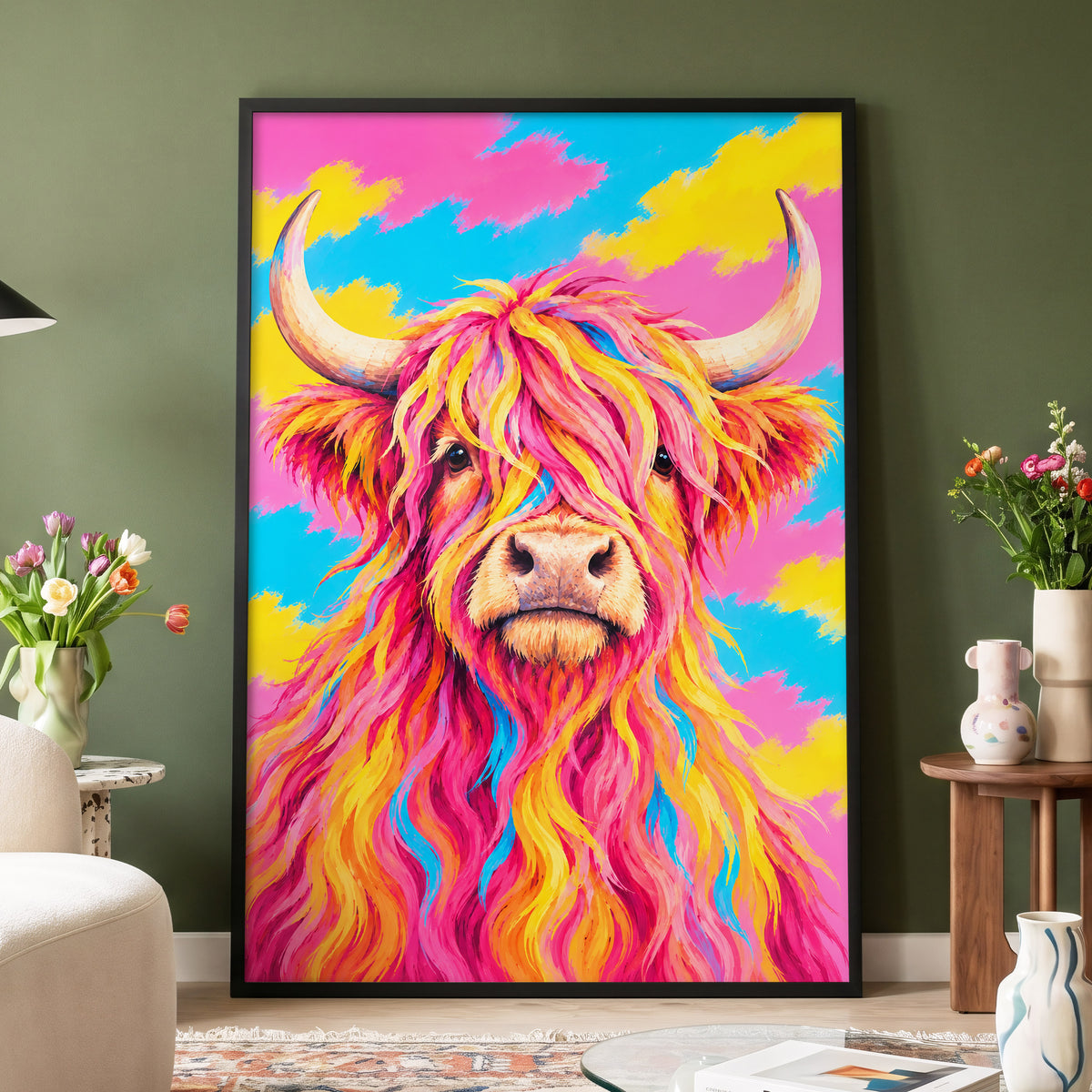 Sherbet Horns, pink, yellow, blue nature wall art displayed in a styled interior, gallery view 4
