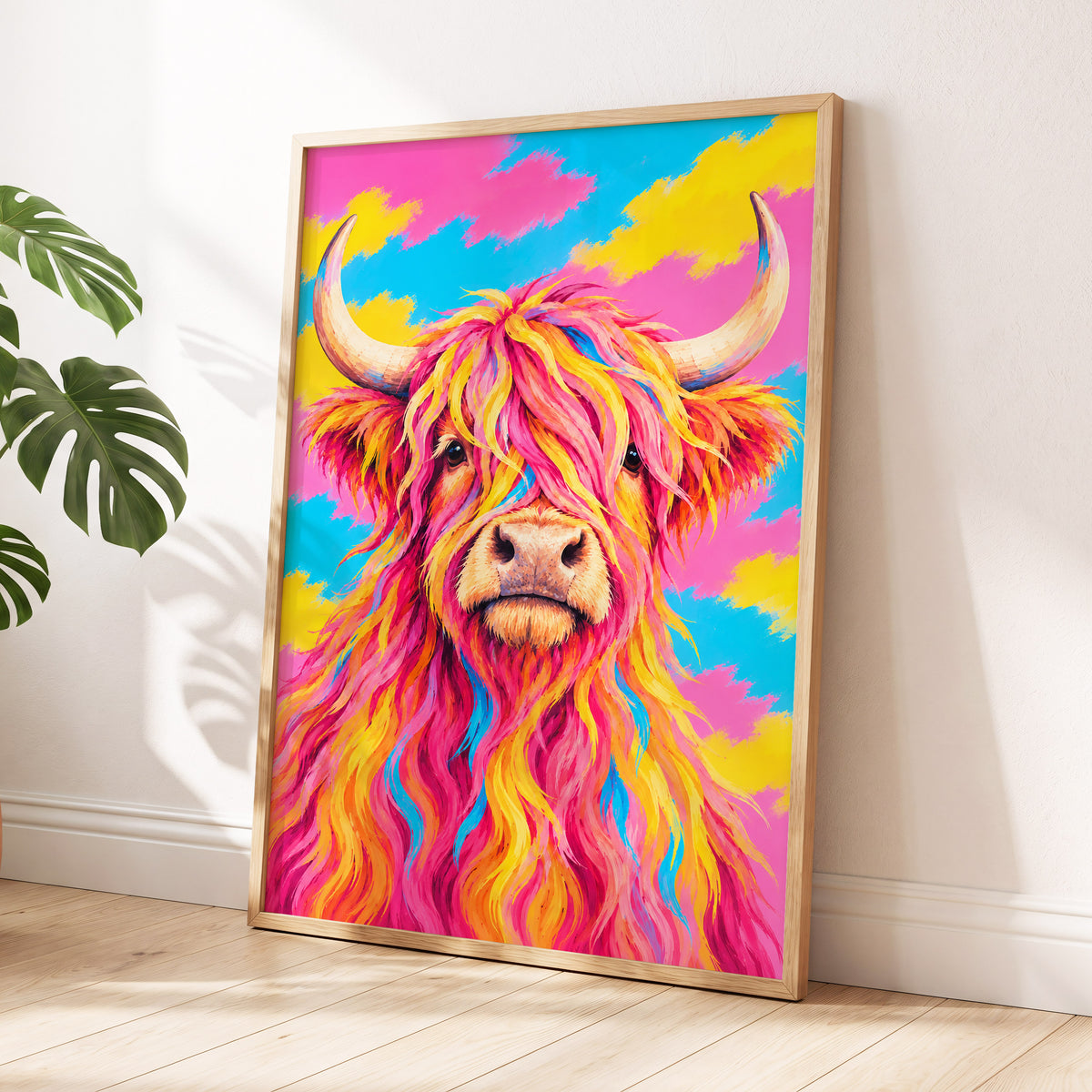 Sherbet Horns, pink, yellow, blue nature wall art displayed in a styled interior, gallery view 5