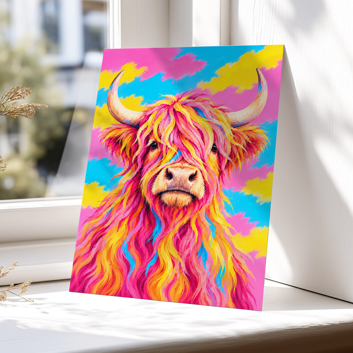 Sherbet Horns, pink, yellow, blue nature wall art displayed in a styled interior, gallery view 6