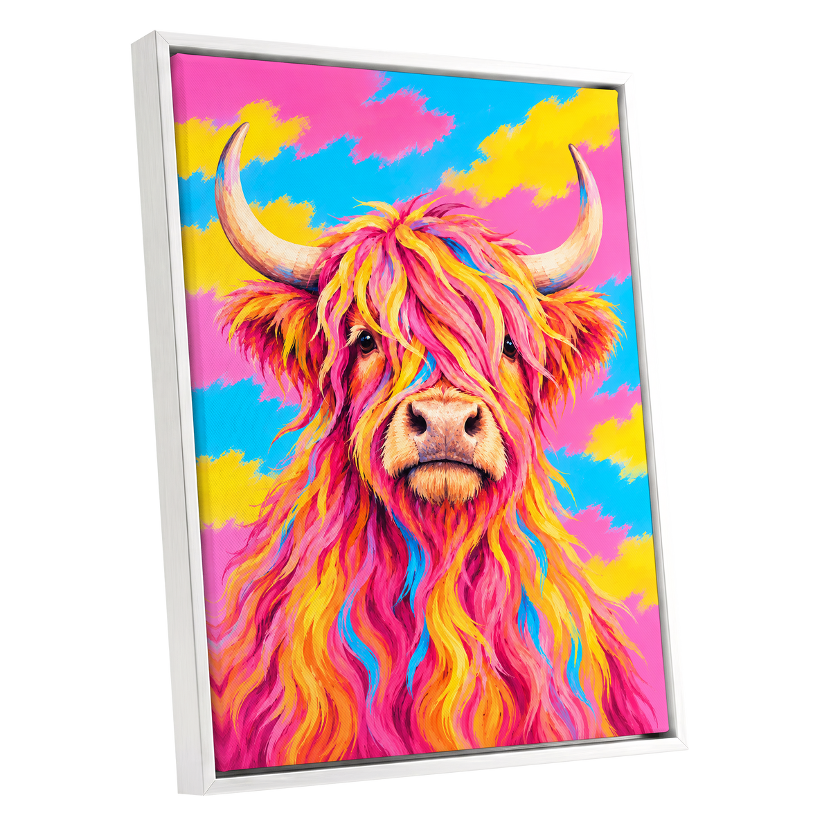 Sherbet Horns, pink, yellow, blue nature wall art shown as a white framed canvas wall art