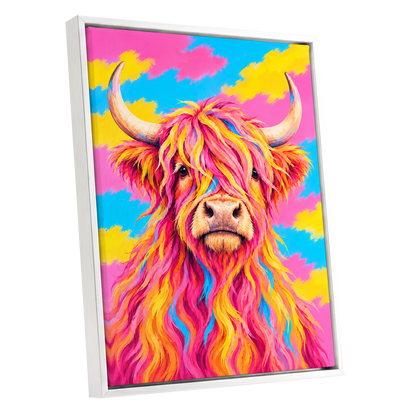 Sherbet Horns, pink, yellow, blue nature wall art shown as a white framed canvas wall art