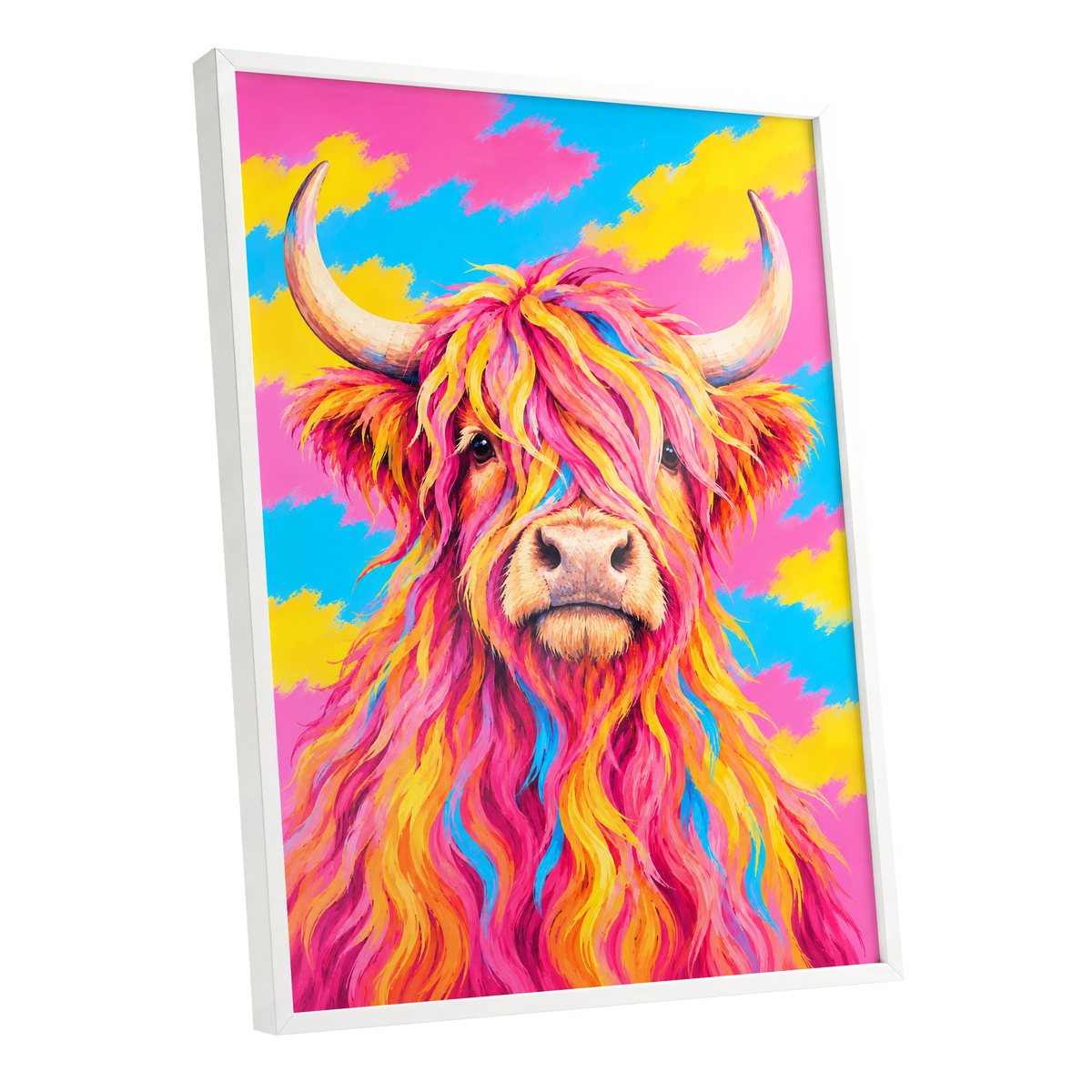 Sherbet Horns, pink, yellow, blue nature wall art shown as a white framed poster wall art print