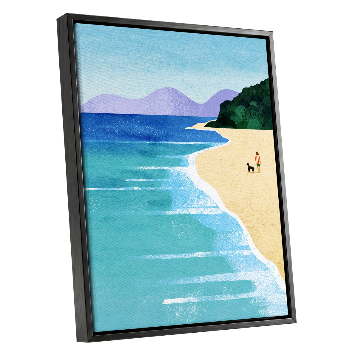 Shoreline Companions, blue, beige, green nature wall art shown as a black framed canvas wall art