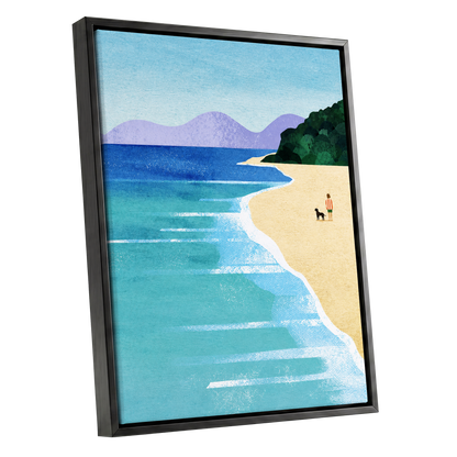 Shoreline Companions, blue, beige, green nature wall art shown as a black framed canvas wall art