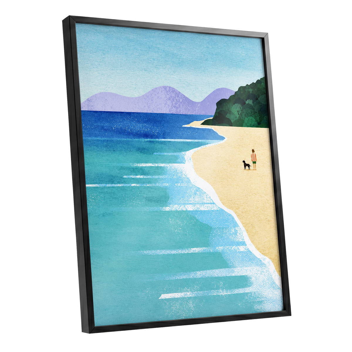Shoreline Companions, blue, beige, green nature wall art shown as a black framed poster wall art print