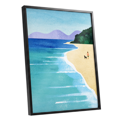 Shoreline Companions, blue, beige, green nature wall art shown as a black framed poster wall art print