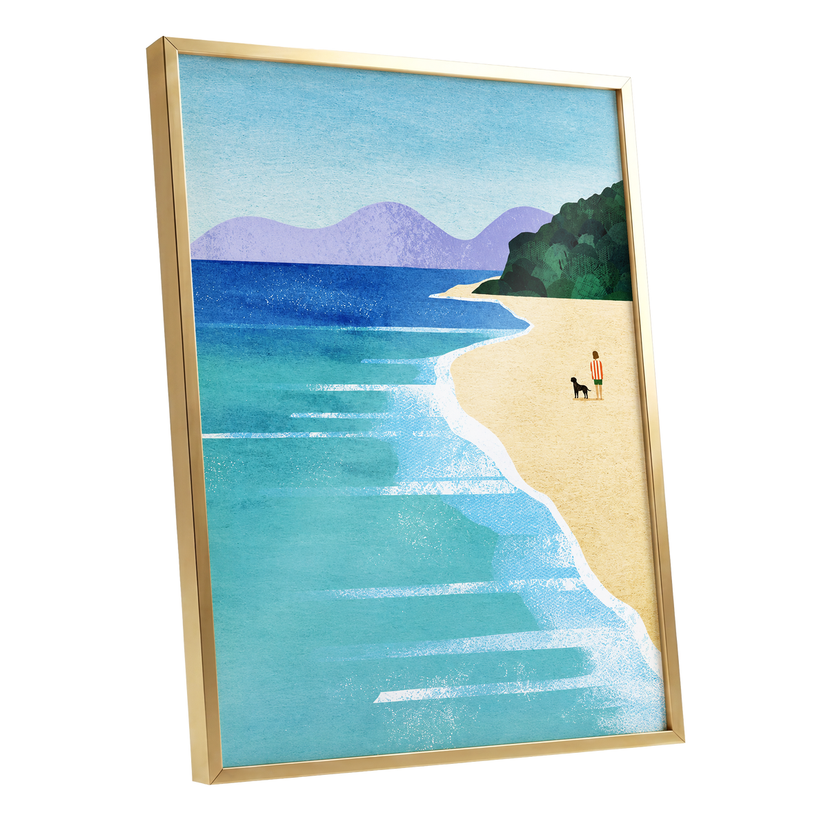 Shoreline Companions, blue, beige, green nature wall art shown as a gold framed poster wall art print